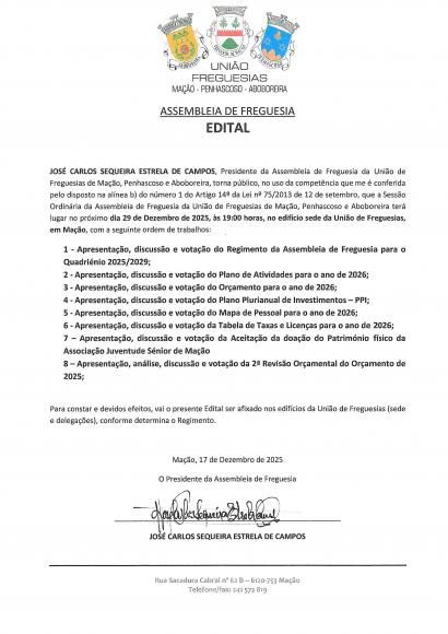 REUNI&Atilde;O ORDIN&Aacute;RIA ASSEMBLEIA FREGUESIA - DEZ 2025